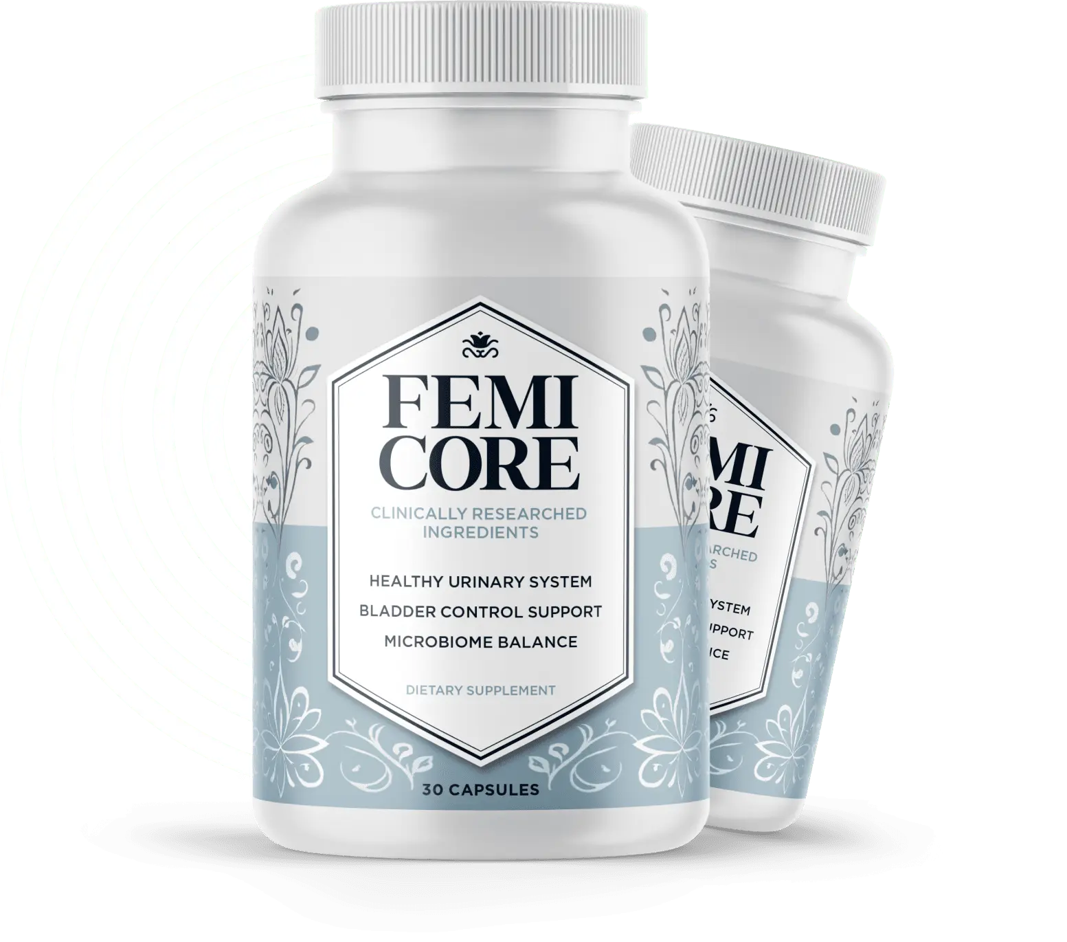 FemiCore dietary supplement bottles for bladder control and microbiome balance