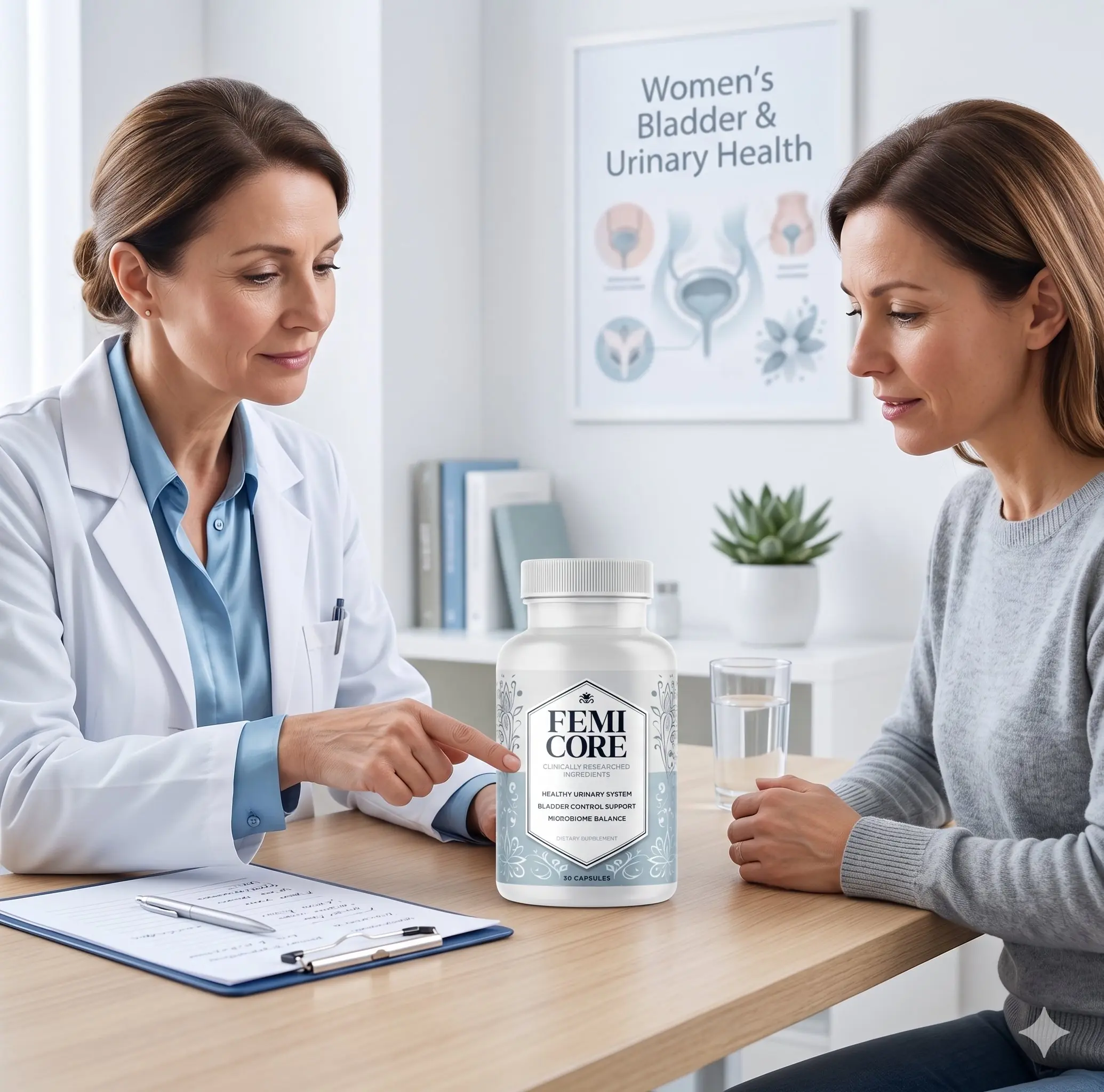 Doctor explaining FemiCore bladder support supplement to a patient